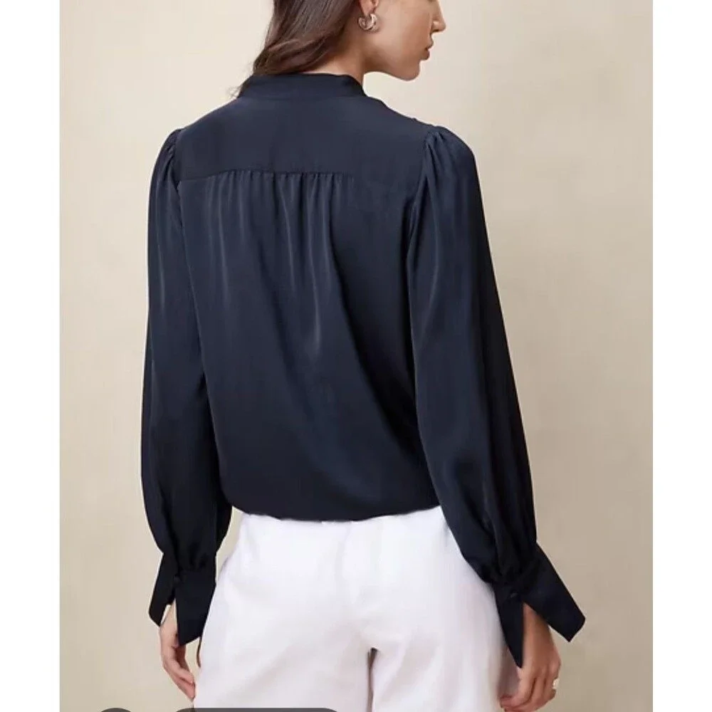 NWT Banana Republic Size XL Blouse Blue Satin Puff Volume Sleeve V-Neck Luxe $70